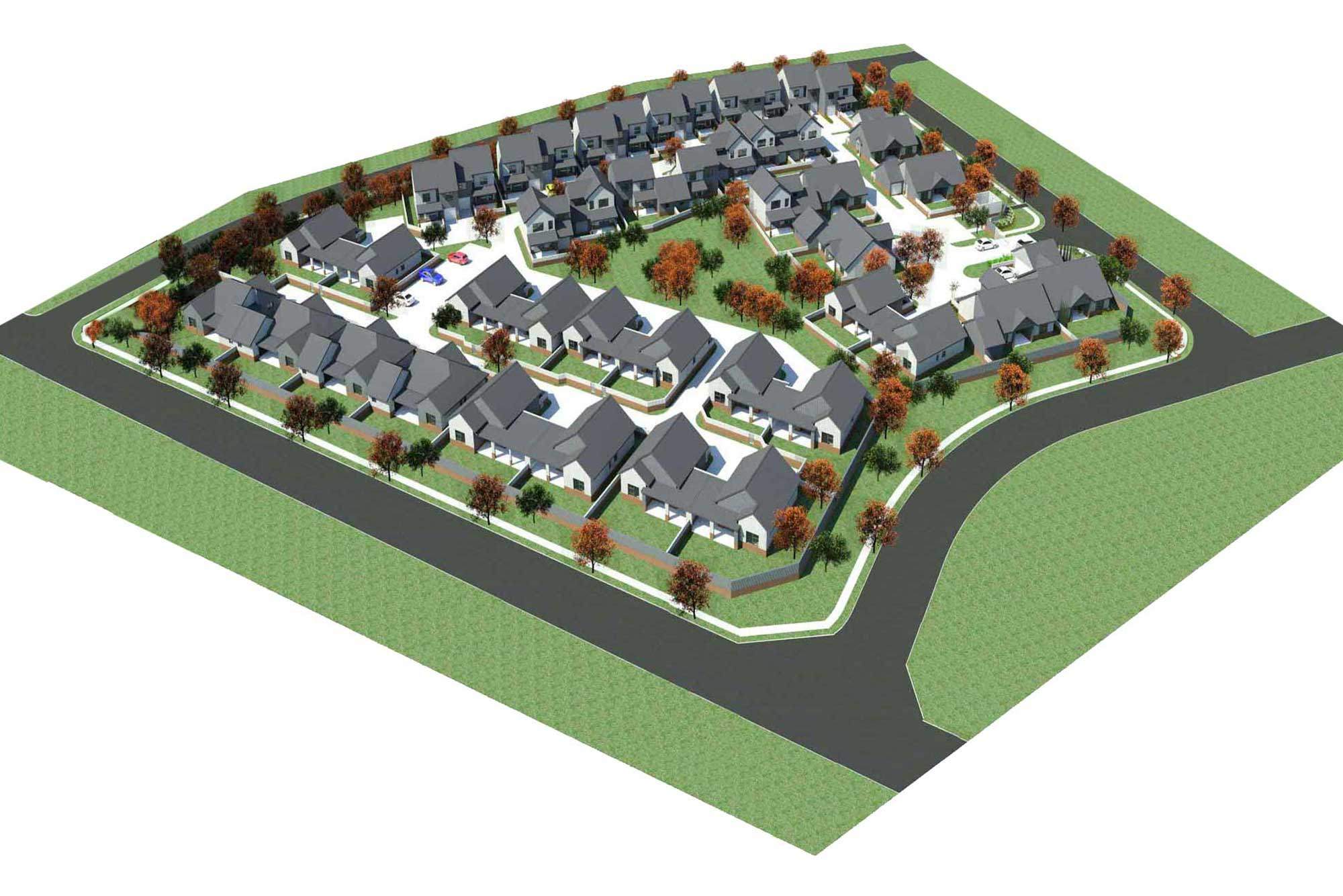 Digital rendering of a top-view of housing complex.